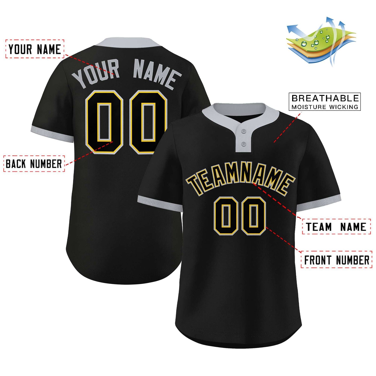 Custom Black Black-Gray Classic Style Authentic Two-Button Softball Jersey