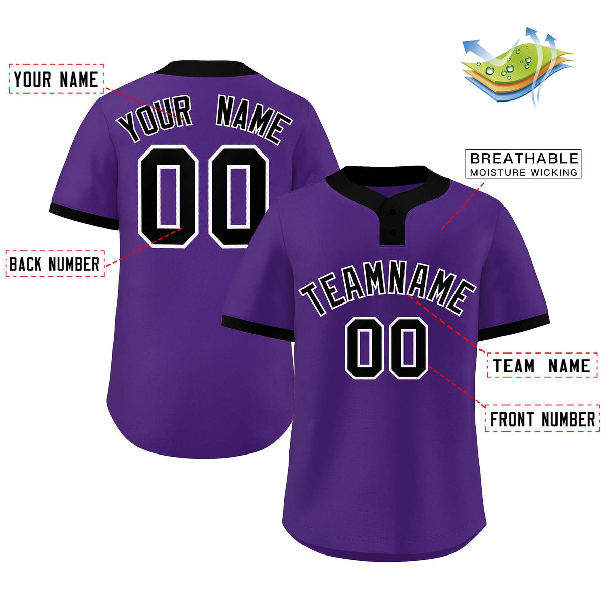 Custom Purple Black-White Classic Style Authentic Two-Button Softball Jersey