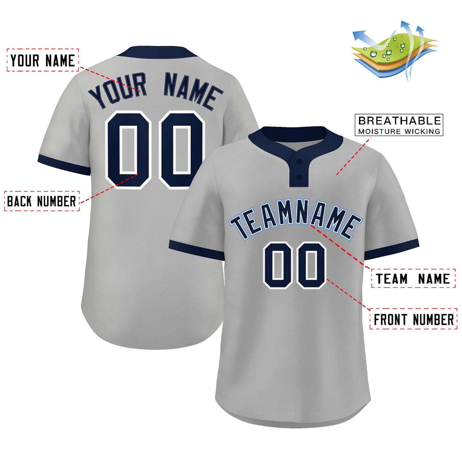 Custom Gray Navy-Light Blue Classic Style Authentic Two-Button Softball Jersey