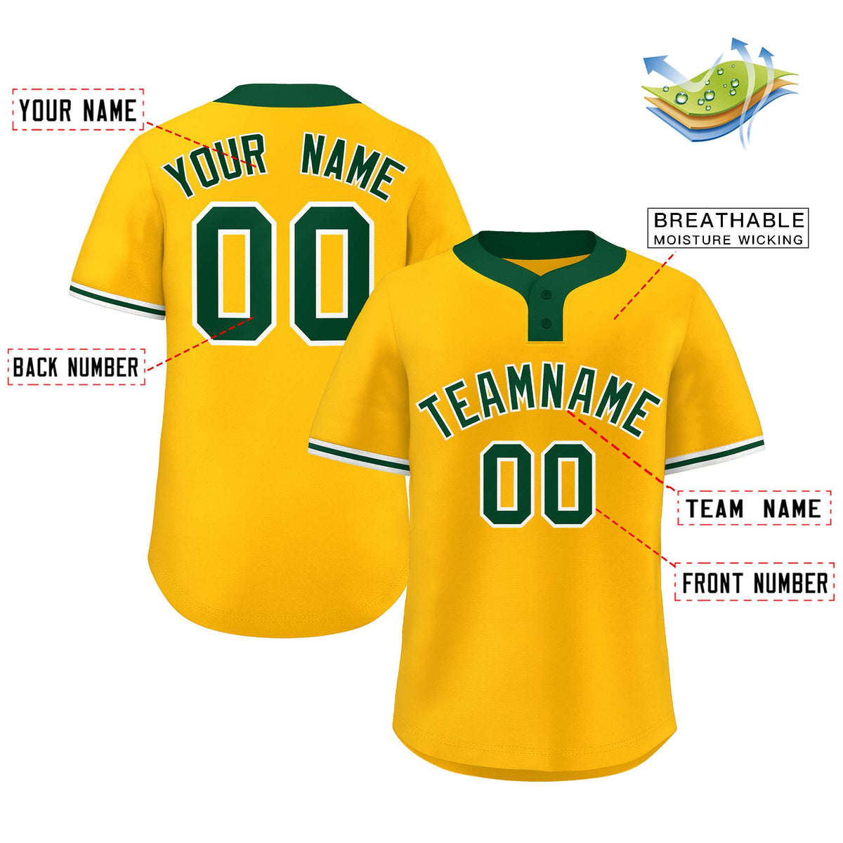 Custom Gold Kelly Green-White Classic Style Authentic Two-Button Softball Jersey