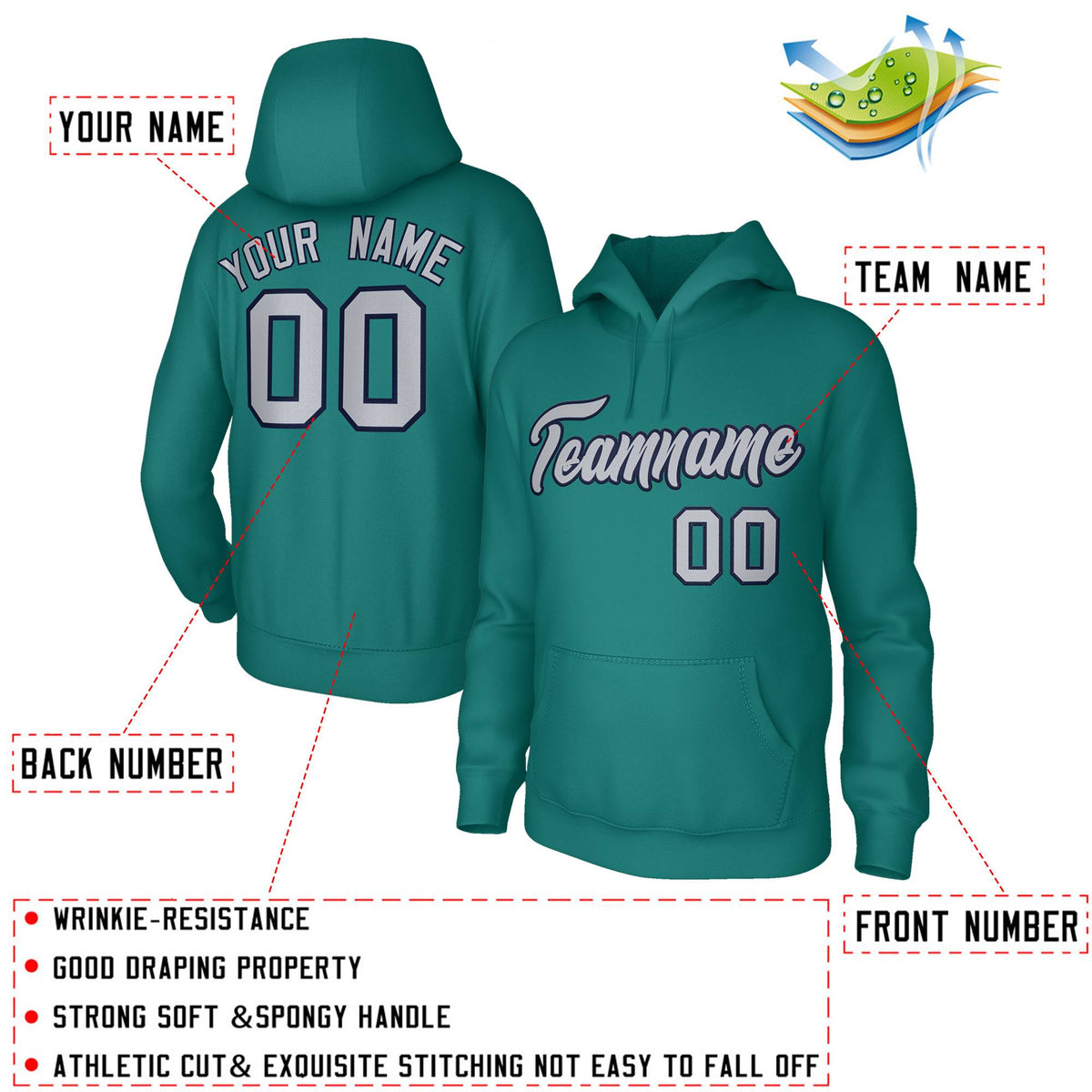 Custom Stitched Aqua Gray Navy Classic Style Sweatshirt Pullover Hoodie