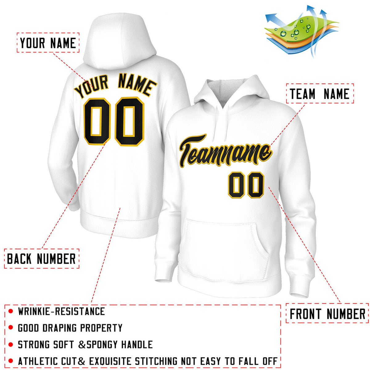 Custom Stitched White Black-Yellow Classic Style Sweatshirt Pullover Hoodie