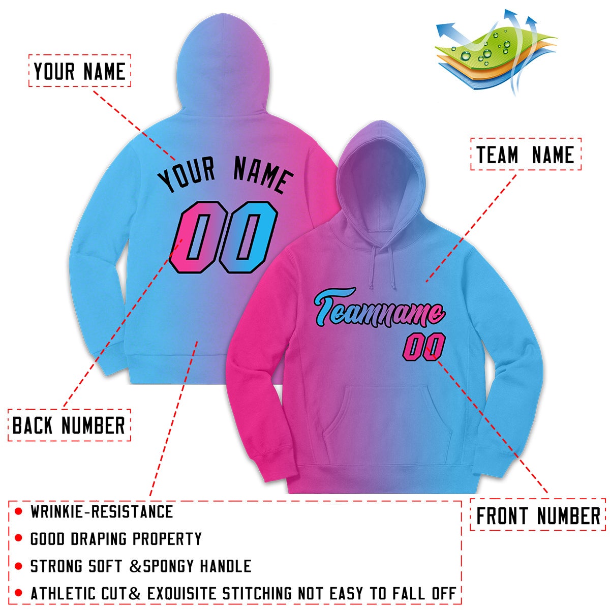 Custom Pink Light Blue Gradient Fashion Casual Pullover Sweatshirt Hoodie