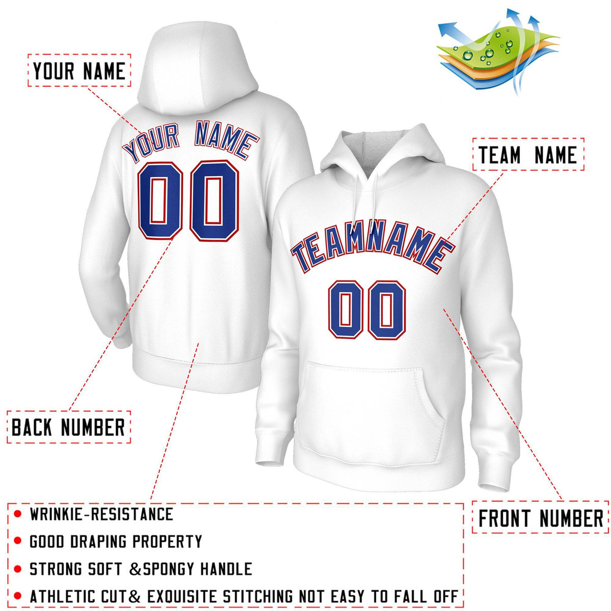 Custom Stitched White Royal-Red Classic Style Sweatshirt Pullover Hoodie