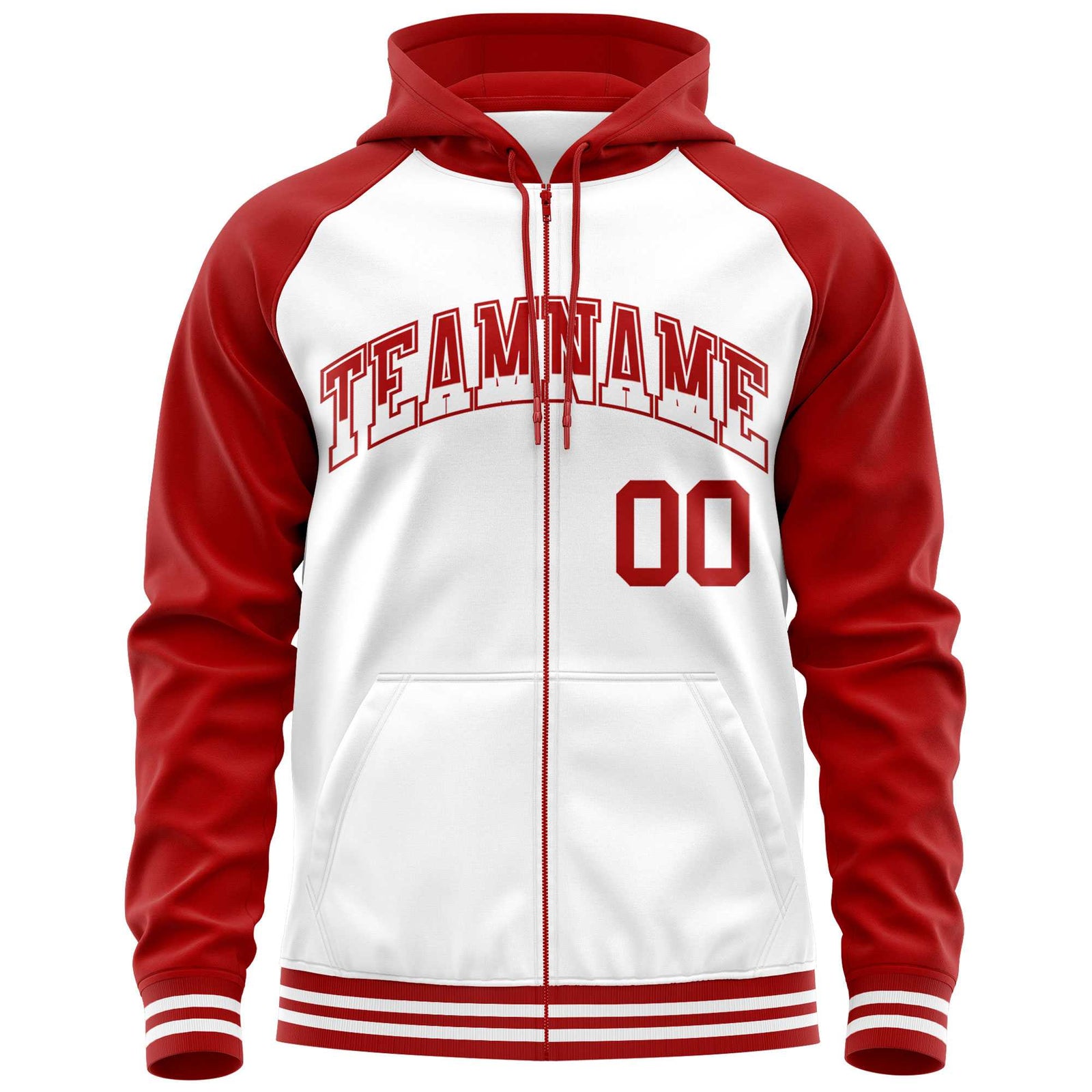 Custom Stitched White Red Raglan Sleeves Sports Full-Zip Sweatshirt Hoodie