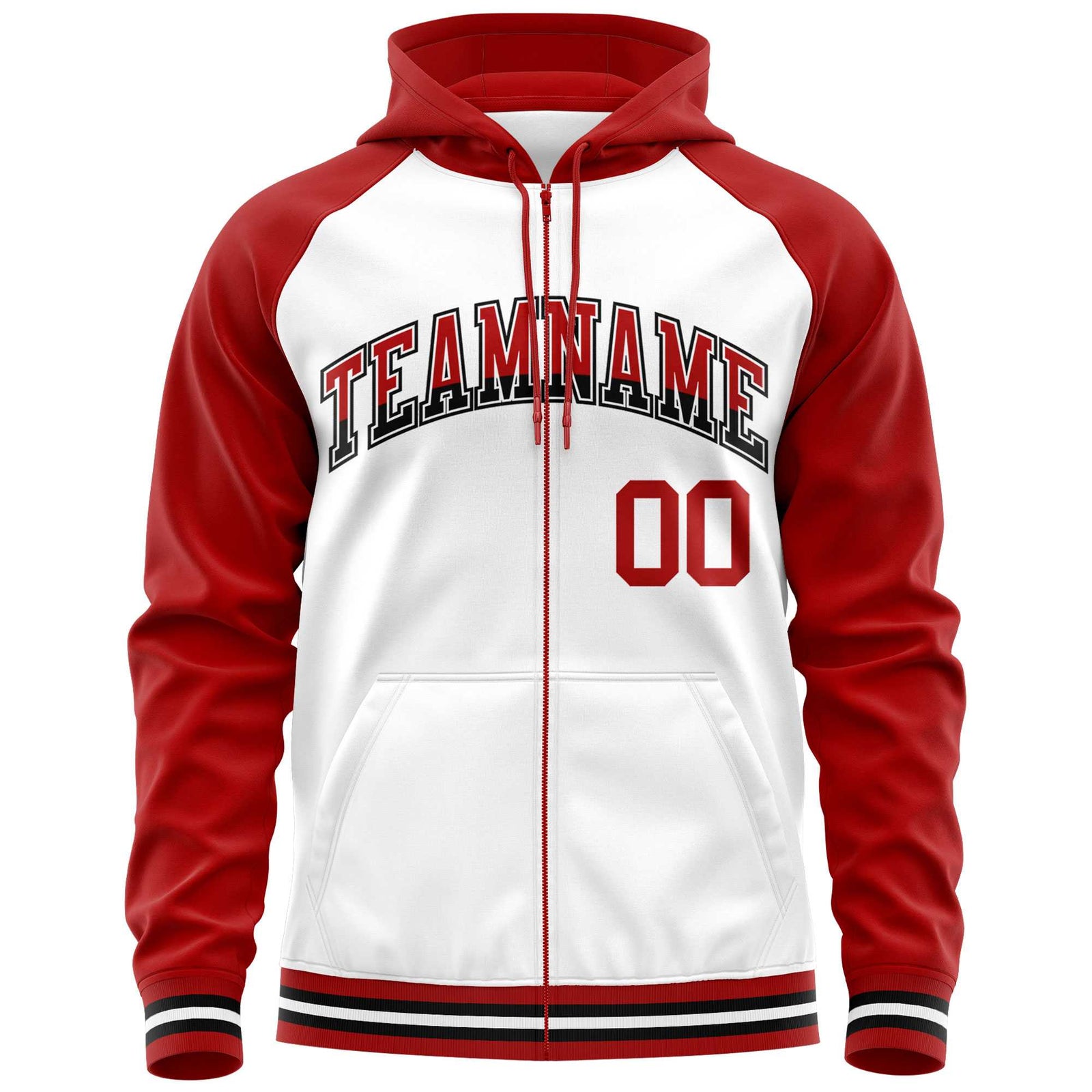 Custom Stitched White Red Raglan Sleeves Sports Full-Zip Sweatshirt Hoodie