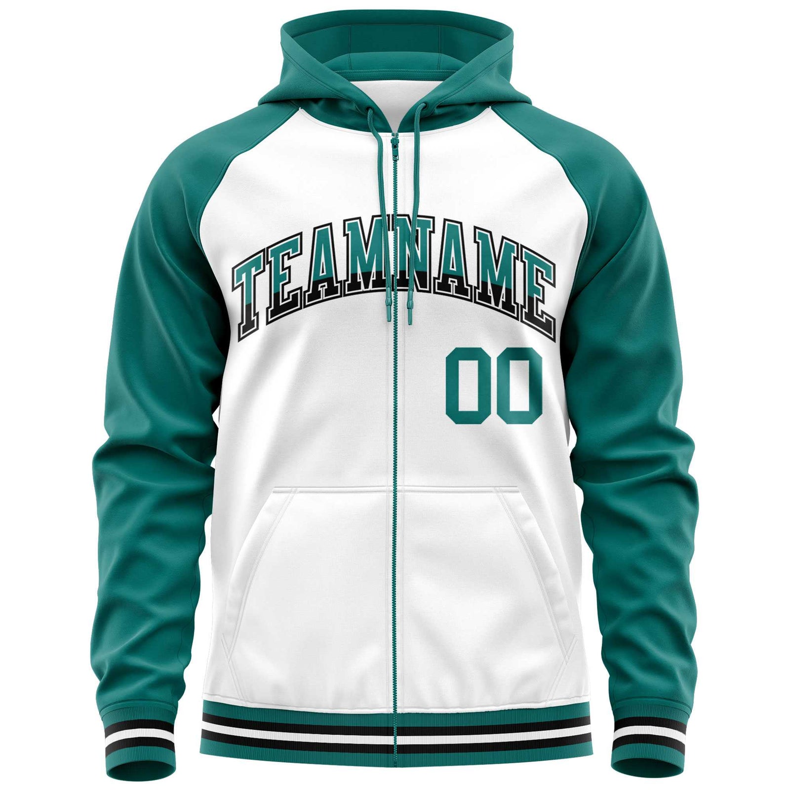 Custom Stitched White Aqua Raglan Sleeves Sports Full-Zip Sweatshirt Hoodie