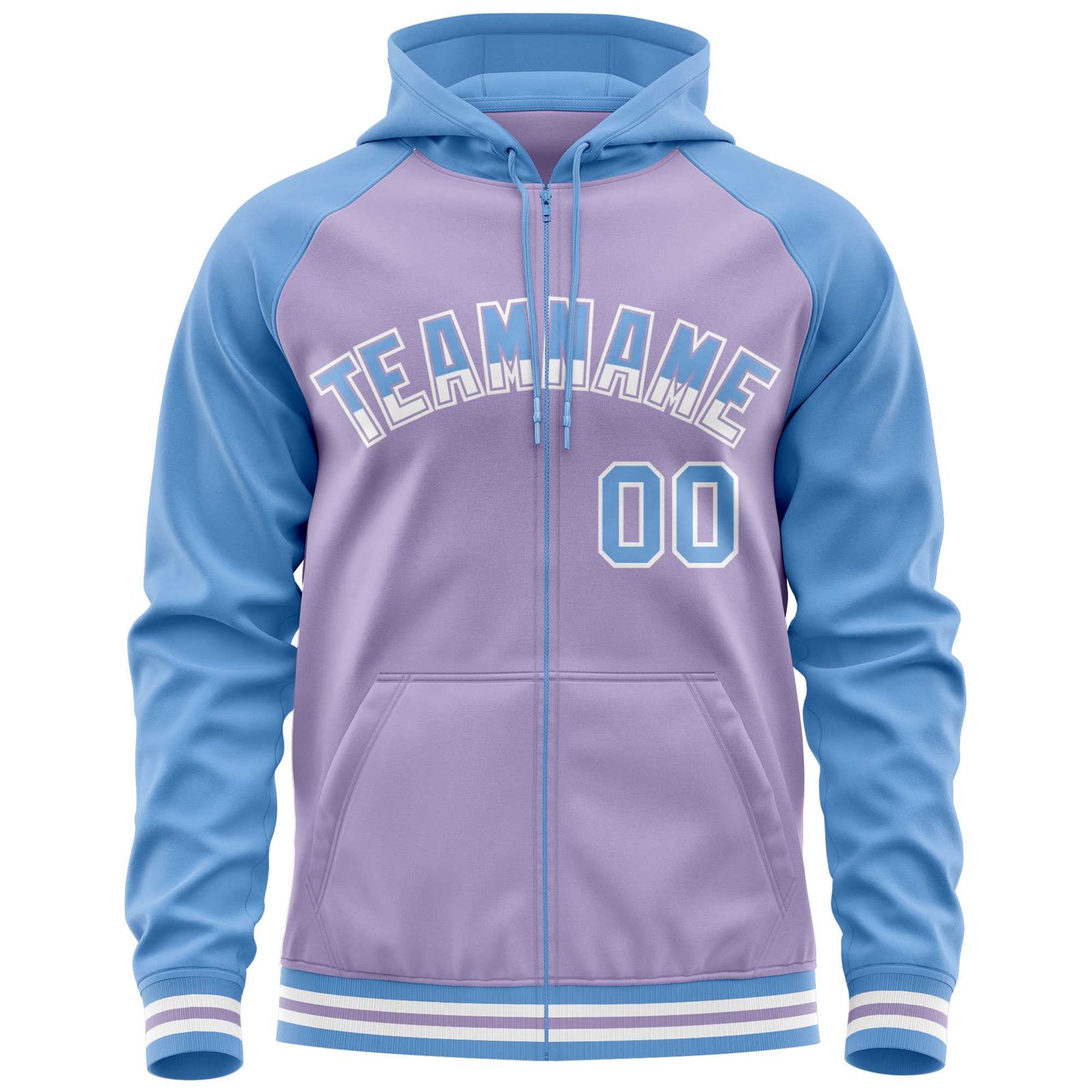 Custom Stitched Light Purple Powder Blue Raglan Sleeves Sports Full-Zip Sweatshirt Hoodie