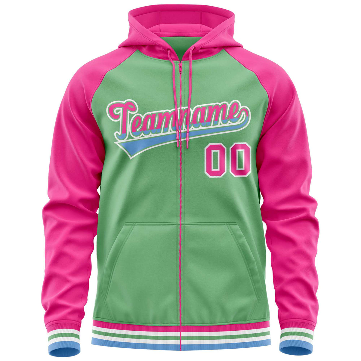 Custom Stitched Green Pink Raglan Sleeves Sports Full-Zip Sweatshirt Hoodie