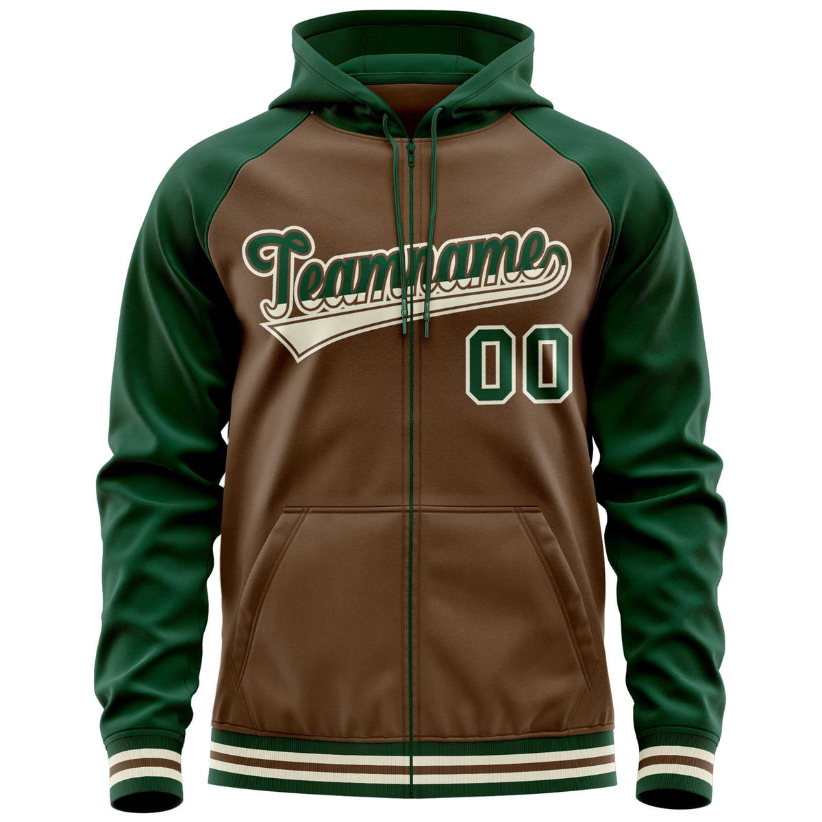 Custom Stitched Light Brown Green Raglan Sleeves Sports Full-Zip Sweatshirt Hoodie