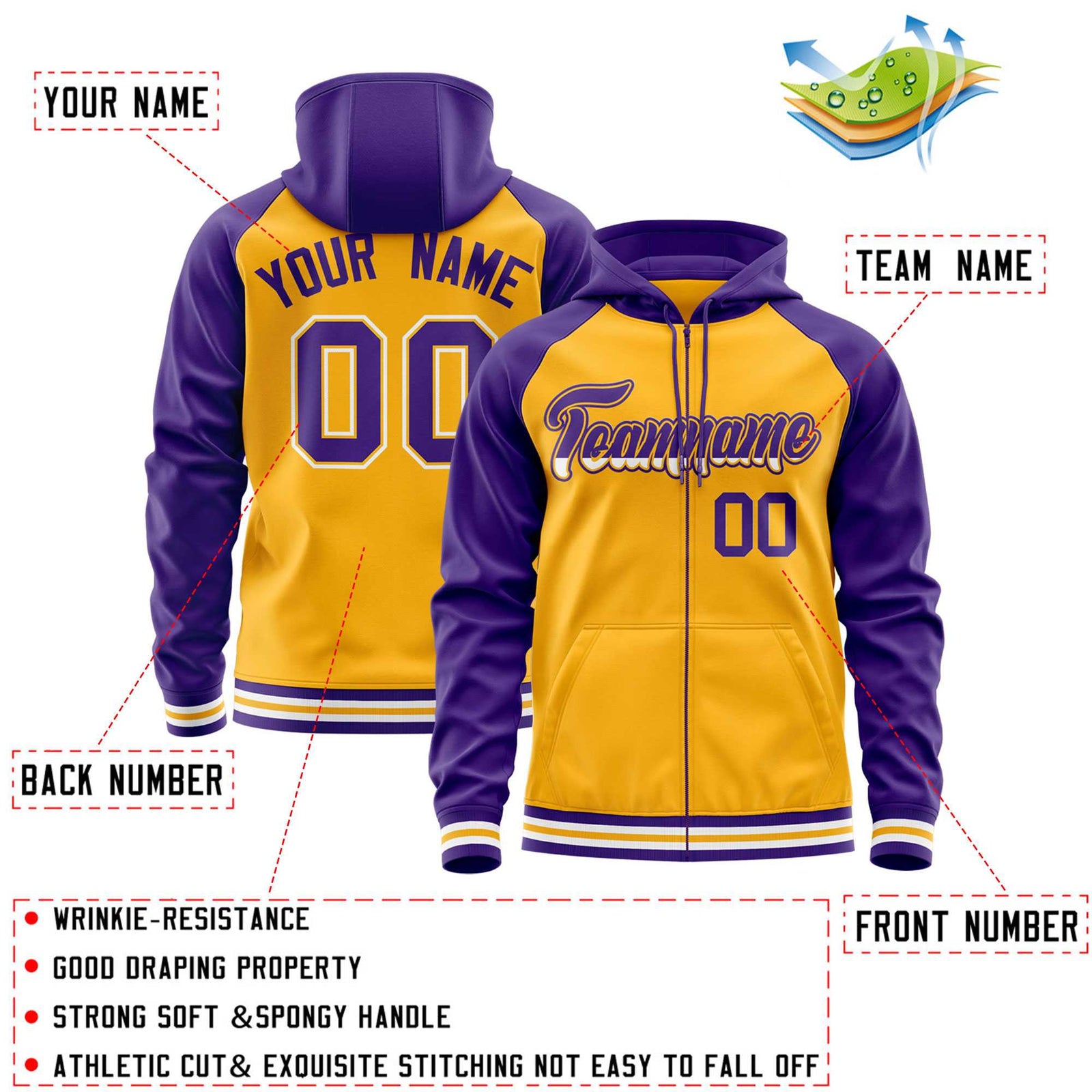 Custom Stitched Yellow Purple Raglan Sleeves Sports Full-Zip Sweatshirt Hoodie