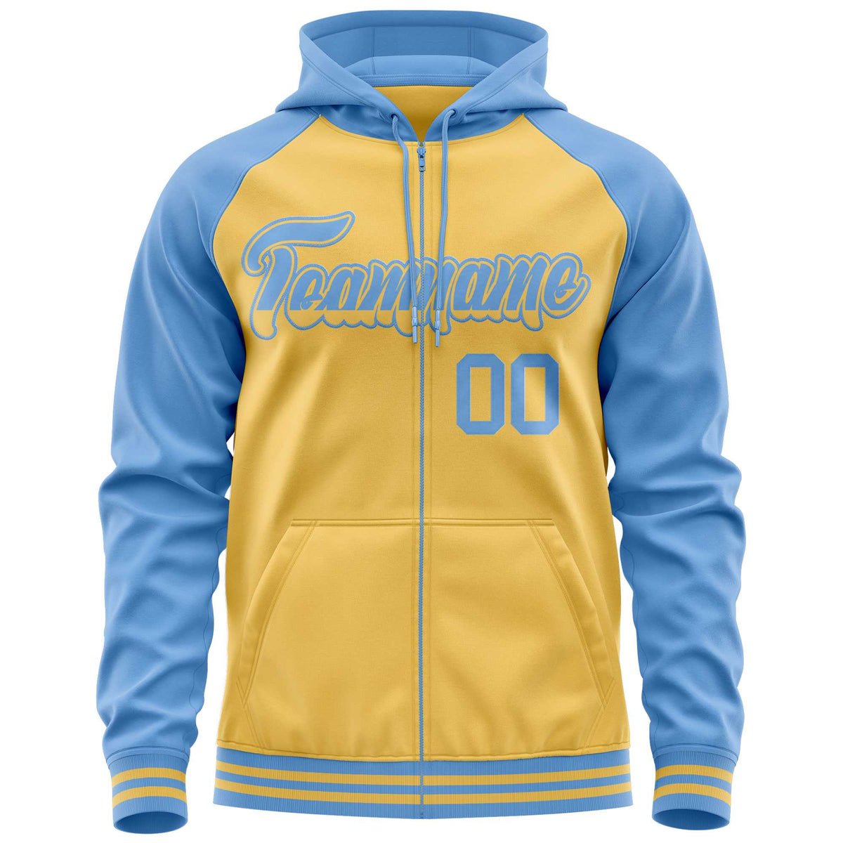 Custom Stitched Yellow Powder Blue Raglan Sleeves Sports Full-Zip Sweatshirt Hoodie