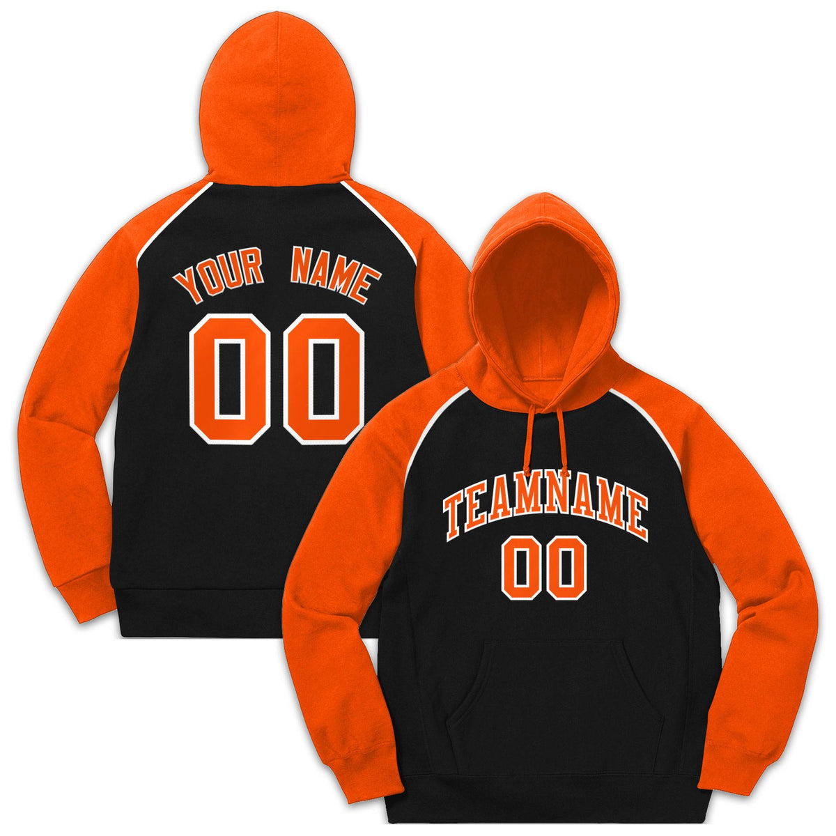 Custom Stitched Sportwear Black Orange-White Raglan Sleeves Pullover Hoodie