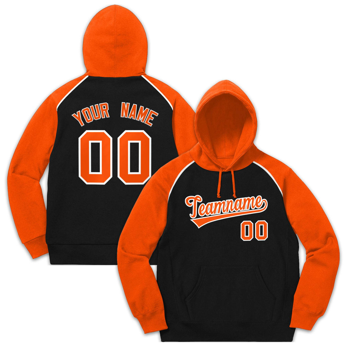 Custom Stitched Sportwear Black Orange-White Raglan Sleeves Pullover Hoodie