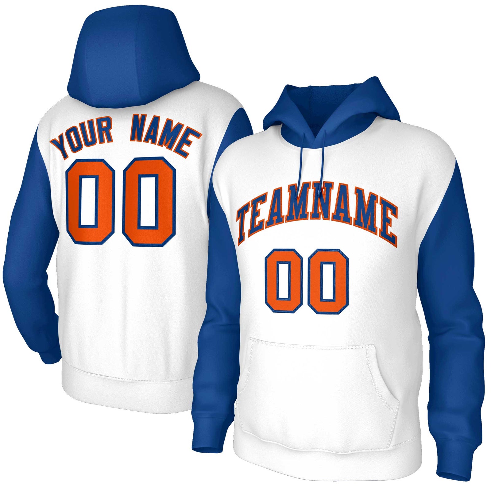 Custom White Royal-Orange Raglan Sleeves Stitched Sportwear Pullover Hoodie