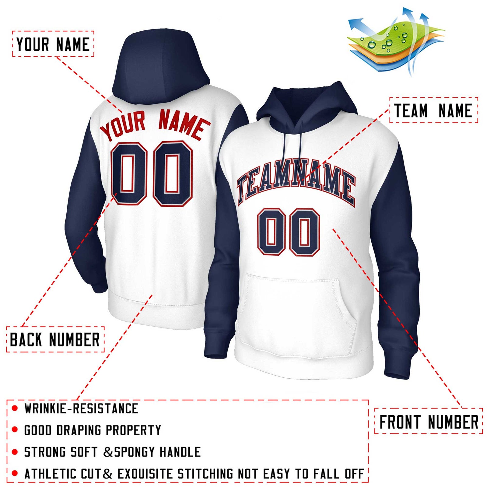 Custom White Navy-Gray Raglan Sleeves Stitched Sportwear Pullover Hoodie