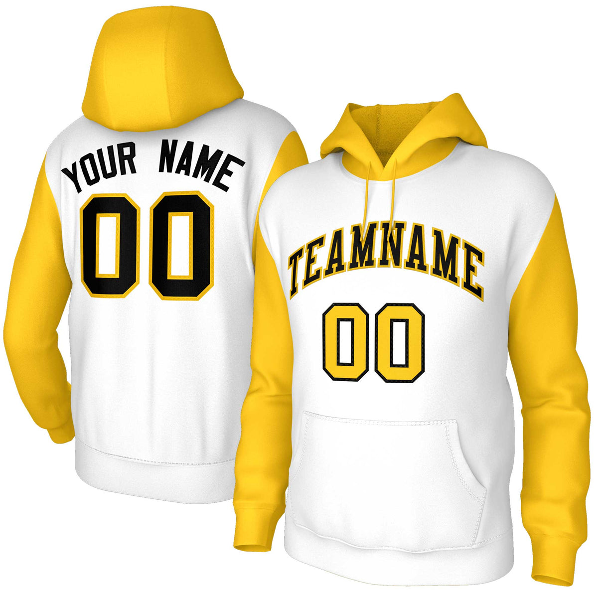 Custom White Black-Gold Raglan Sleeves Stitched Sportwear Pullover Hoodie