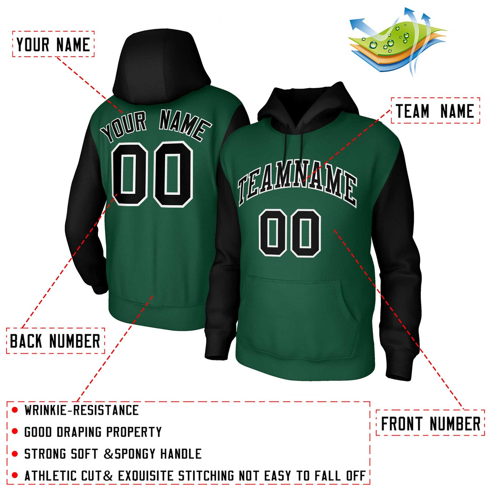 Custom Green Black-White Raglan Sleeves Stitched Sportwear Pullover Hoodie