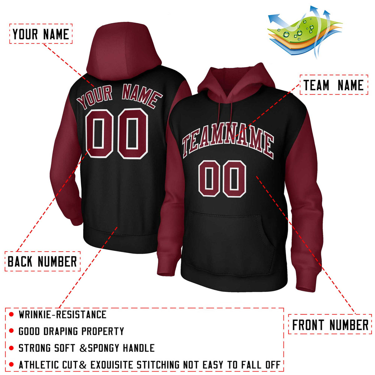Custom Black Crimson-White Raglan Sleeves Stitched Sportwear Pullover Hoodie