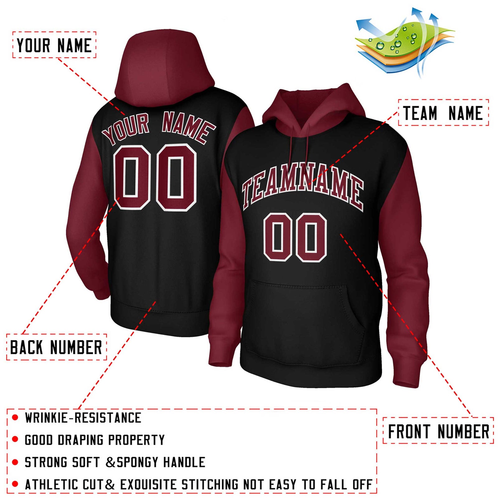Custom Black Crimson-White Raglan Sleeves Stitched Sportwear Pullover Hoodie