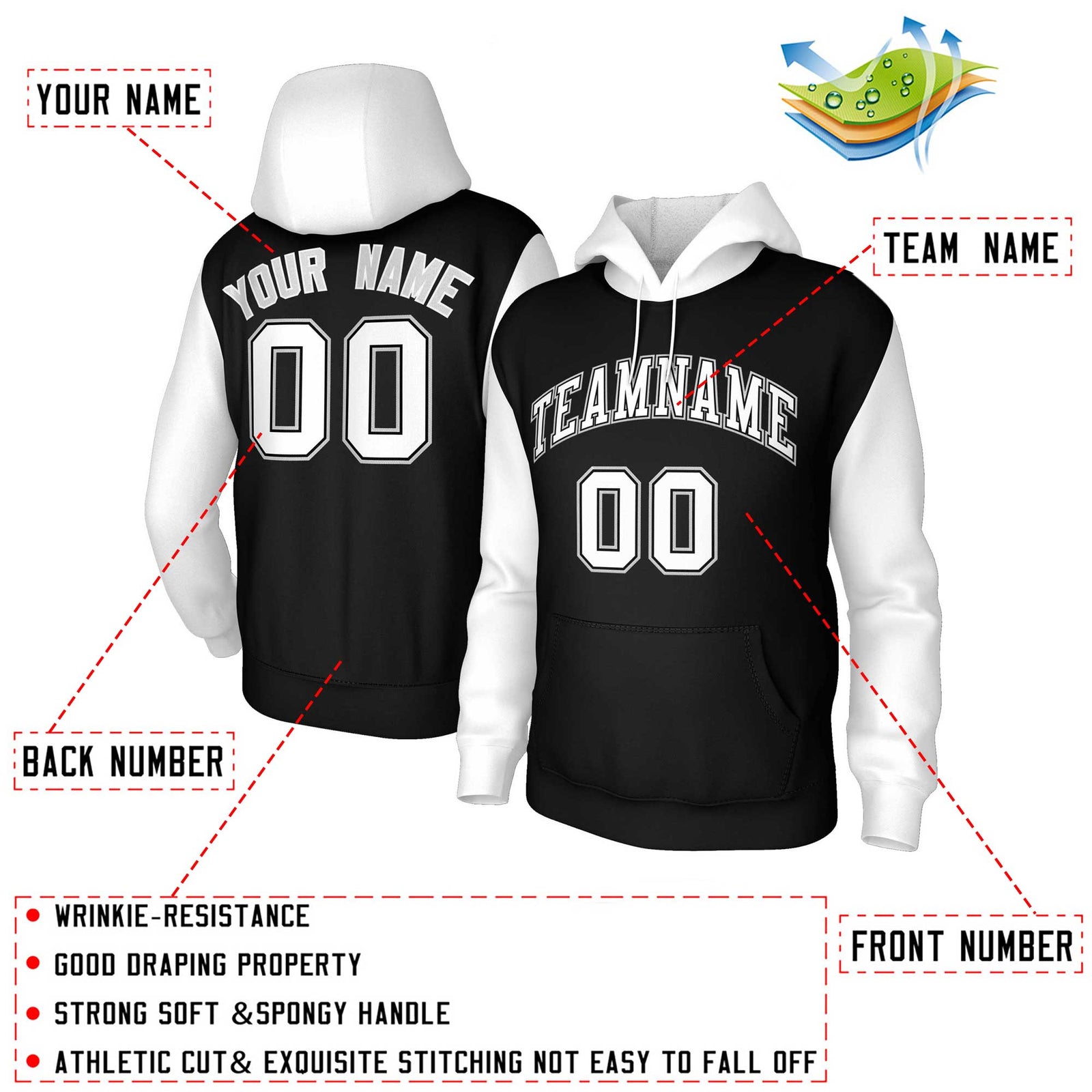 Custom Black White-Black Raglan Sleeves Stitched Sportwear Pullover Hoodie