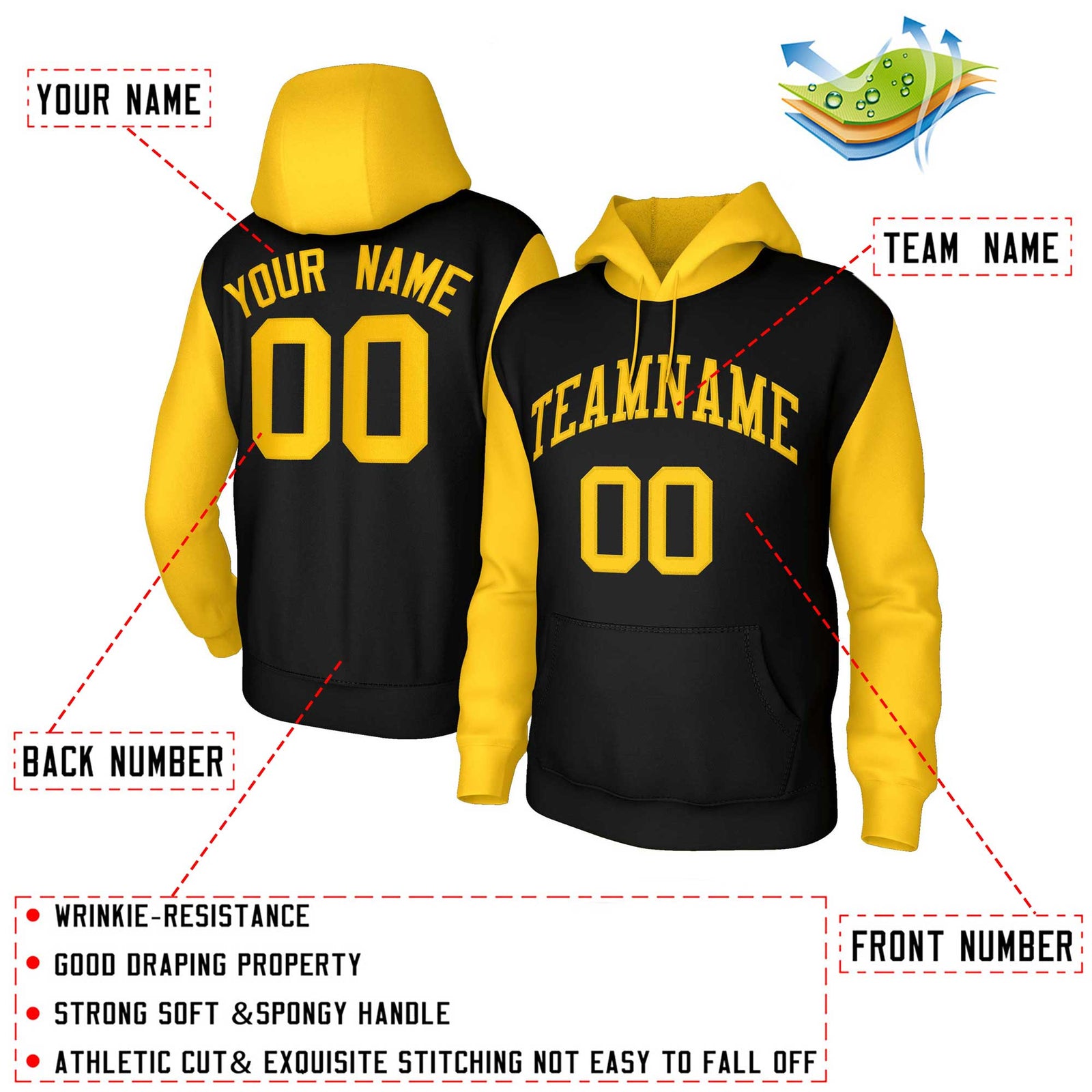 Custom Black Gold-Raglan Sleeves Stitched Sportwear Pullover Hoodie