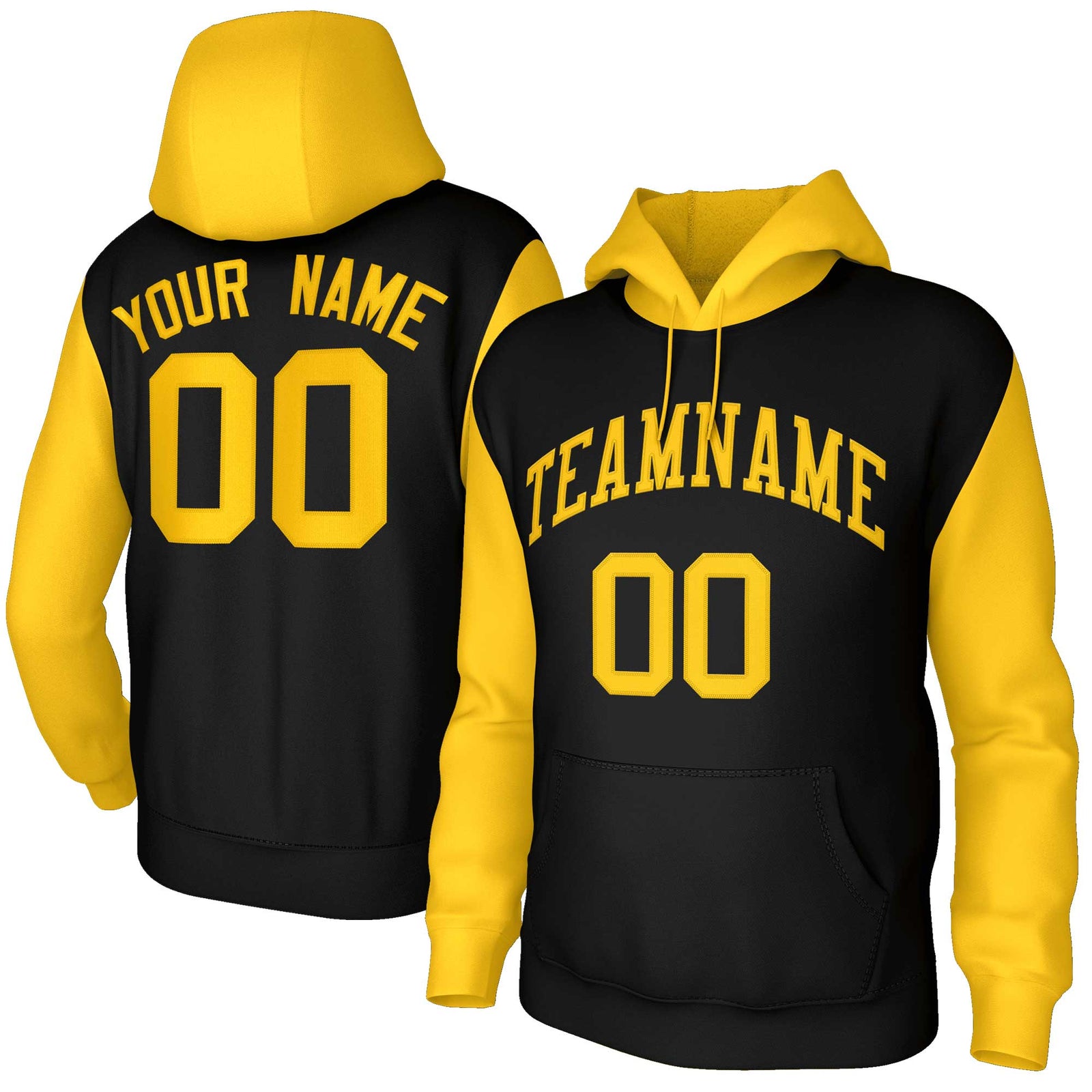 Custom Black Gold-Raglan Sleeves Stitched Sportwear Pullover Hoodie
