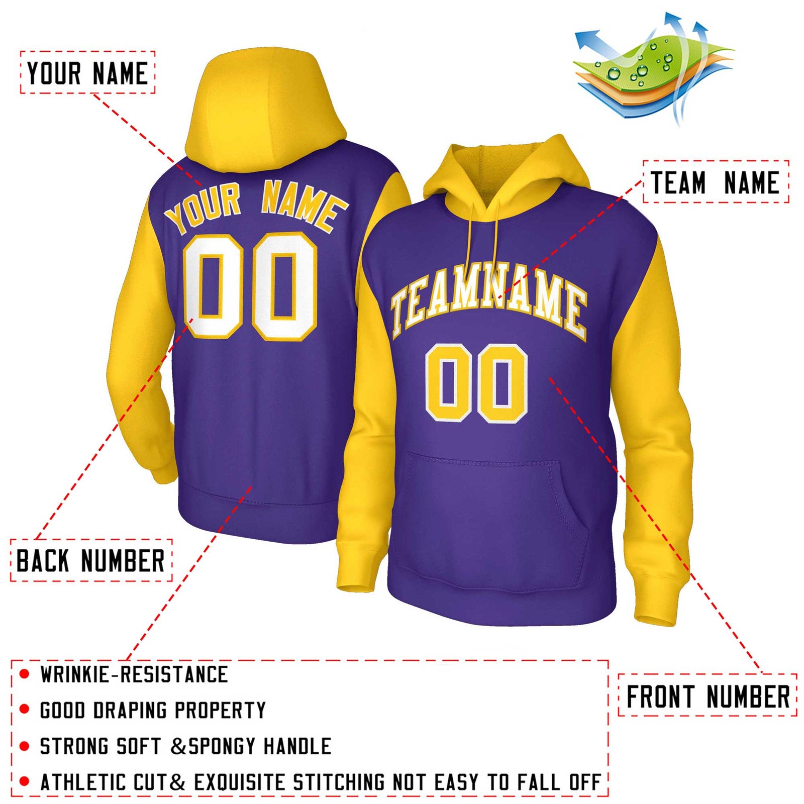Custom Purple White-Gold Raglan Sleeves Stitched Sportwear Pullover Hoodie