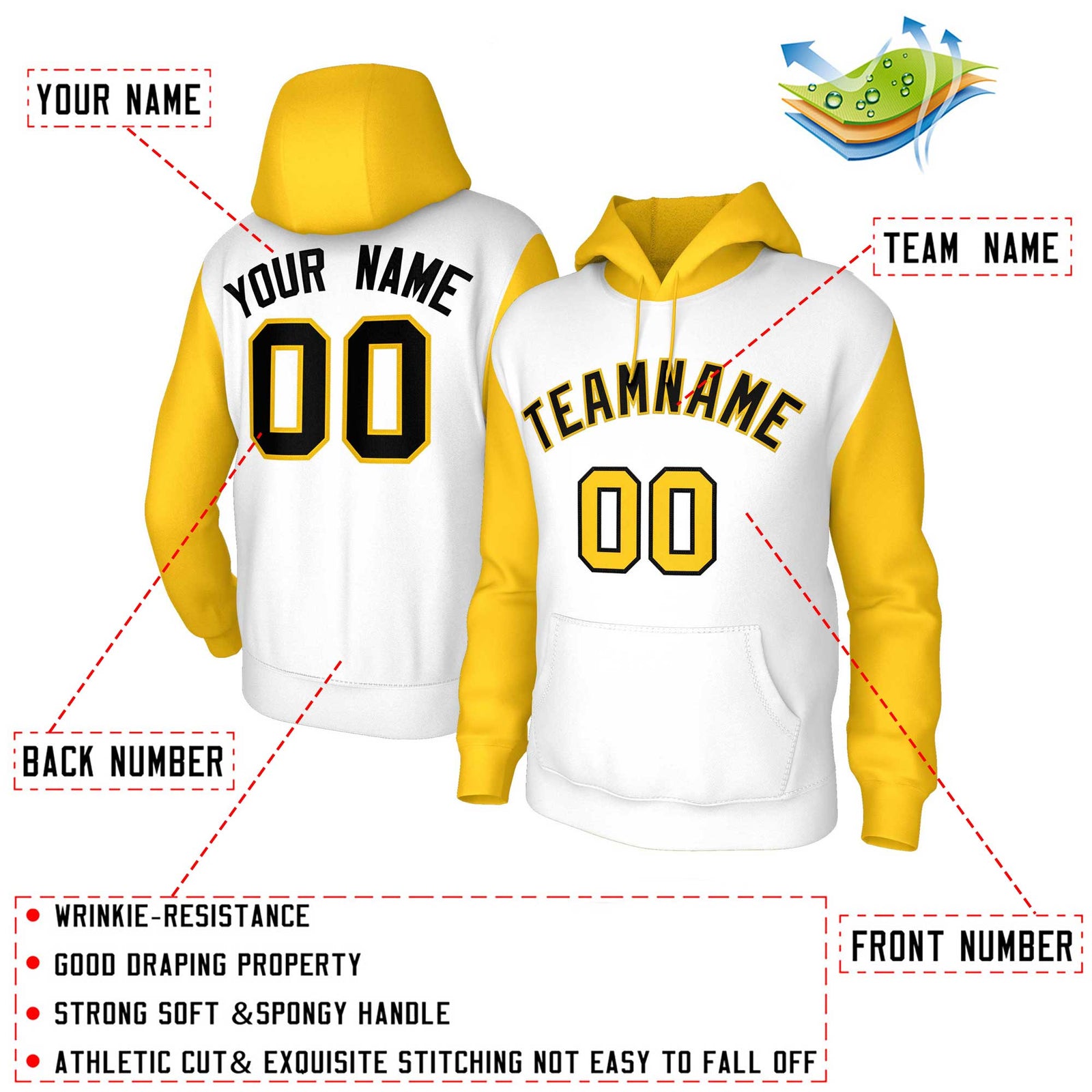 Custom White Black-Gold Raglan Sleeves Stitched Sportwear Pullover Hoodie