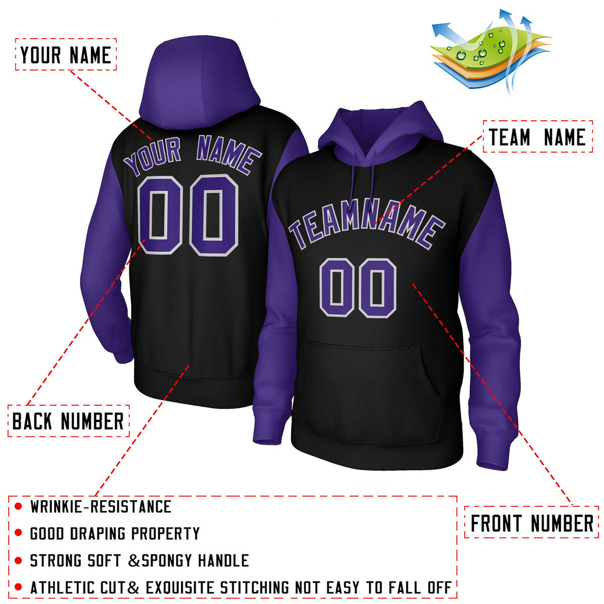 Custom Black Purple-Gray Raglan Sleeves Stitched Sportwear Pullover Hoodie