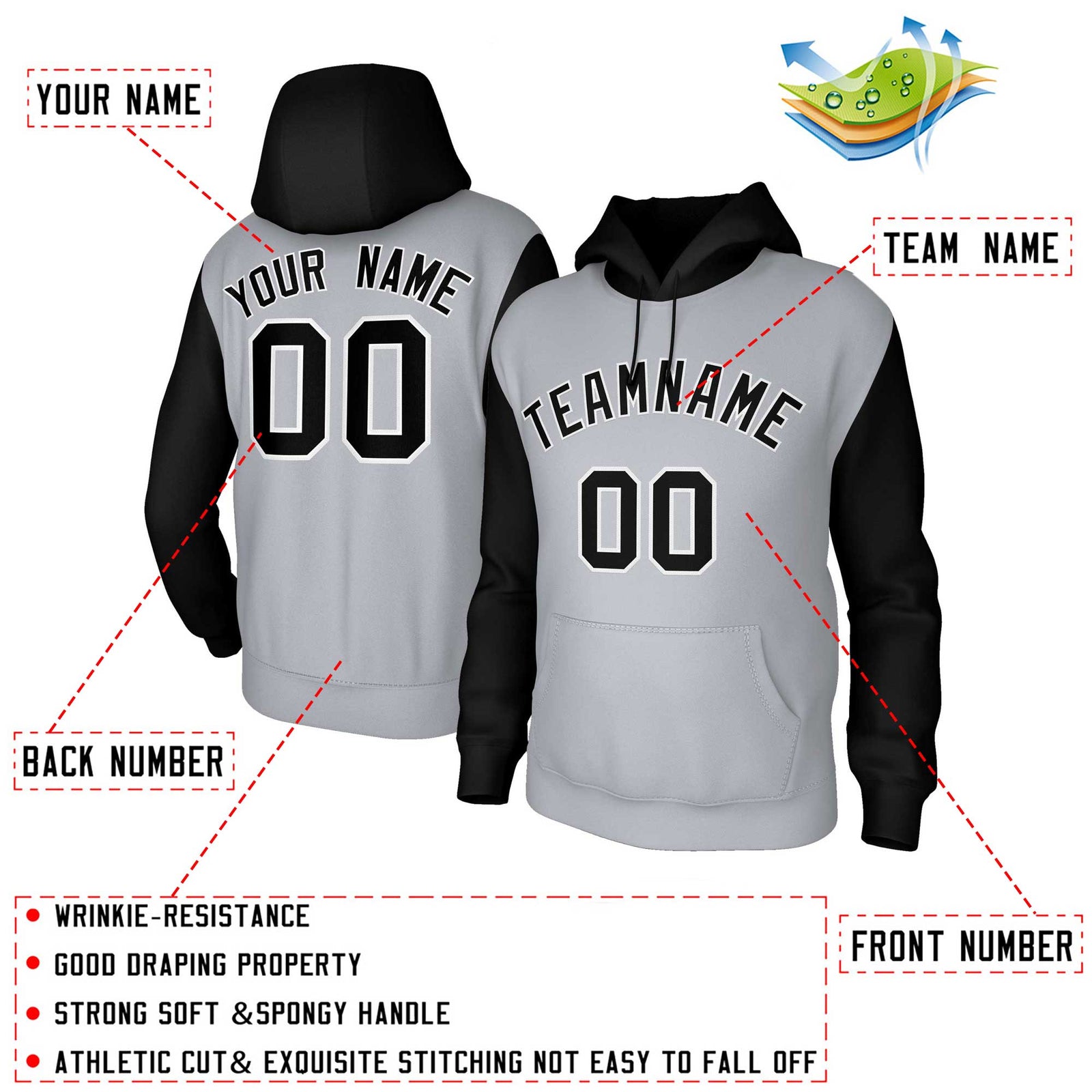 Custom Gray Black-White Raglan Sleeves Stitched Sportwear Pullover Hoodie