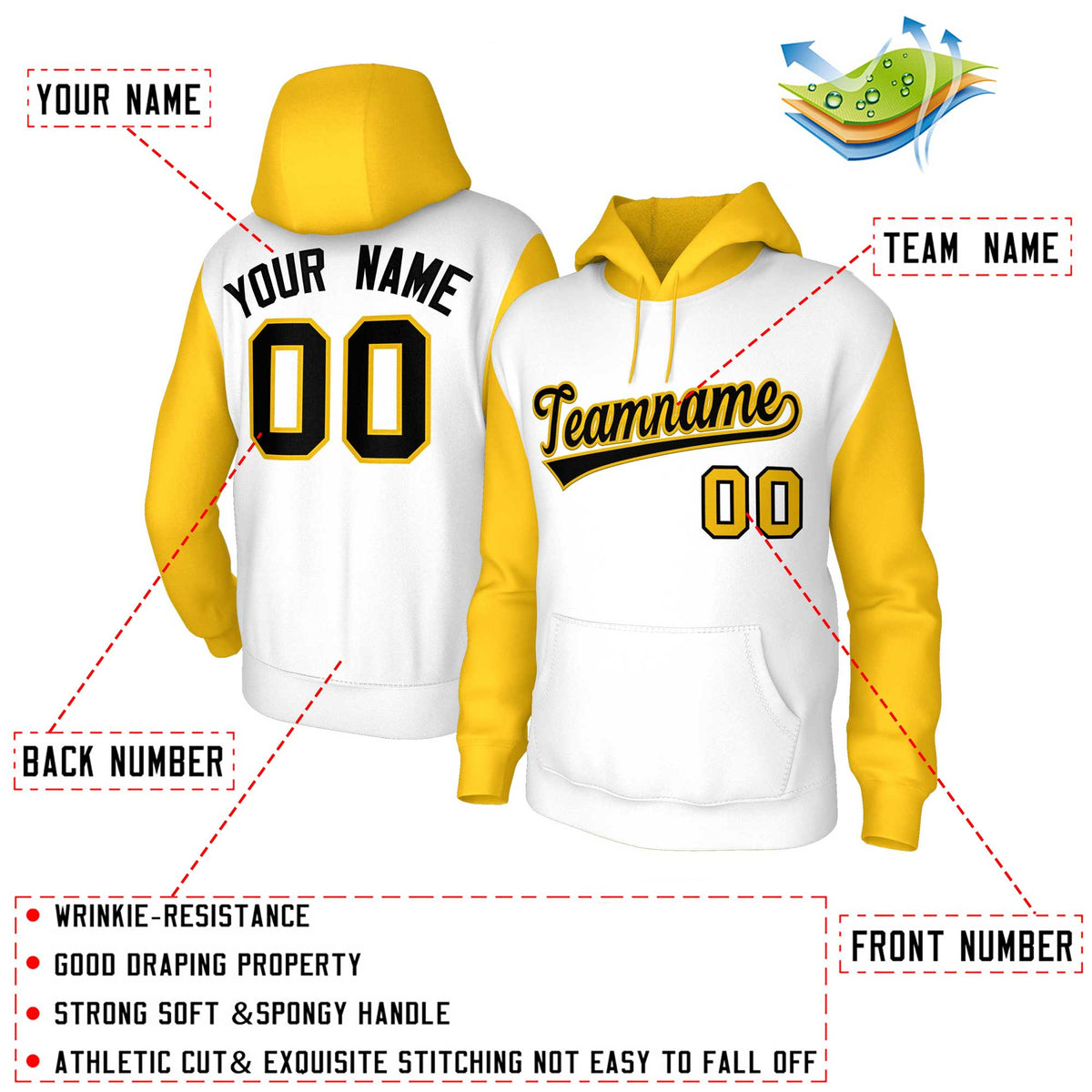 Custom White Black-Gold Raglan Sleeves Stitched Sportwear Pullover Hoodie