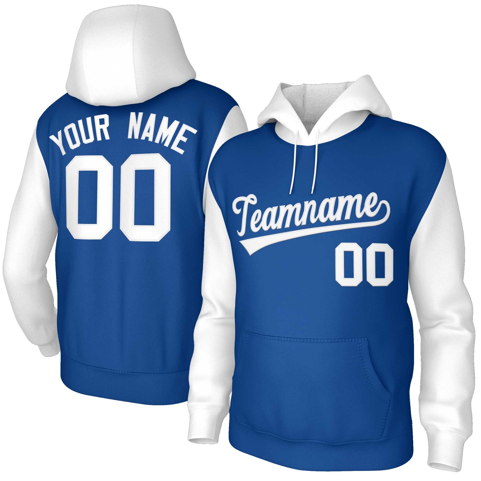 Custom Royal White-Raglan Sleeves Stitched Sportwear Pullover Hoodie