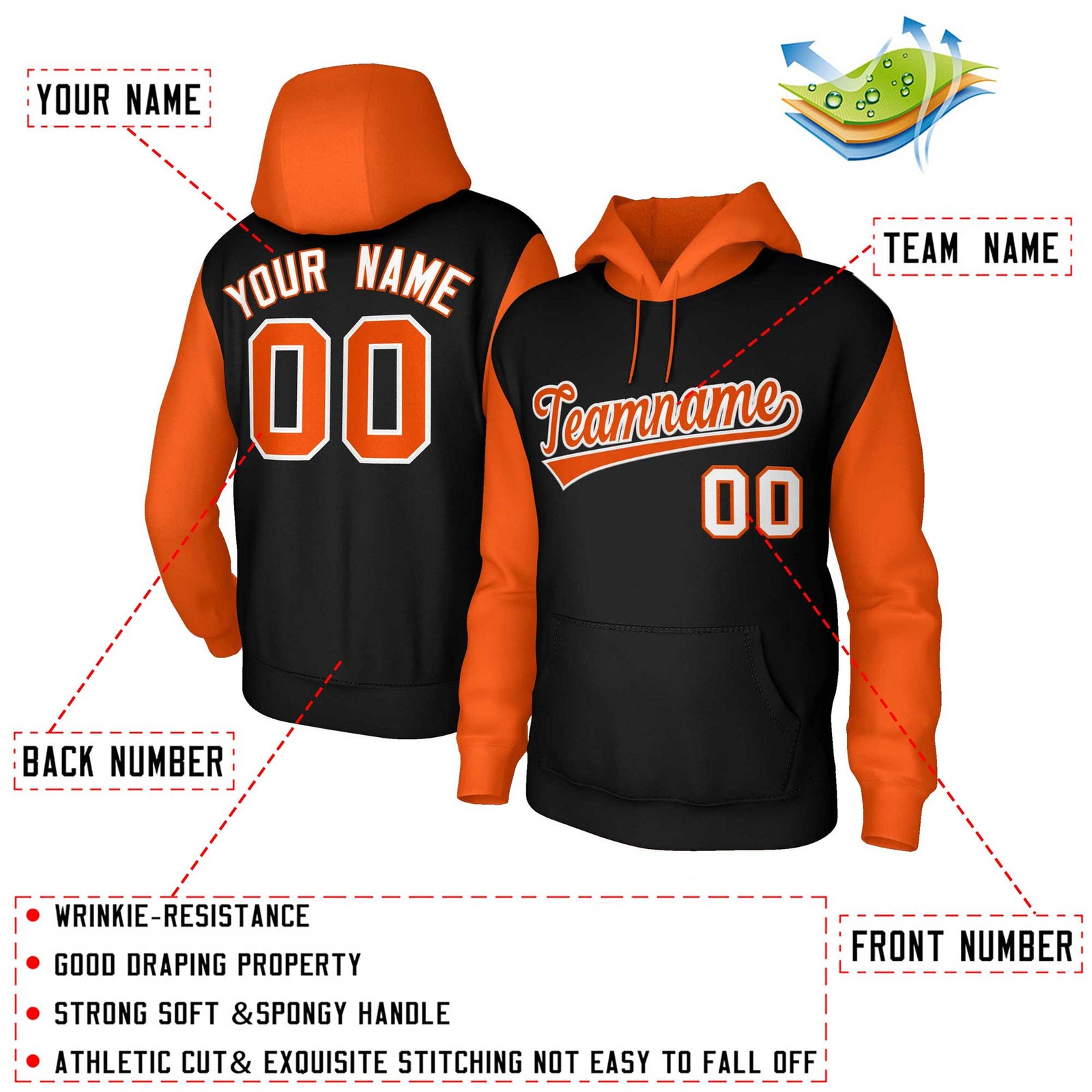 Custom Black Orange-White Raglan Sleeves Stitched Sportwear Pullover Hoodie