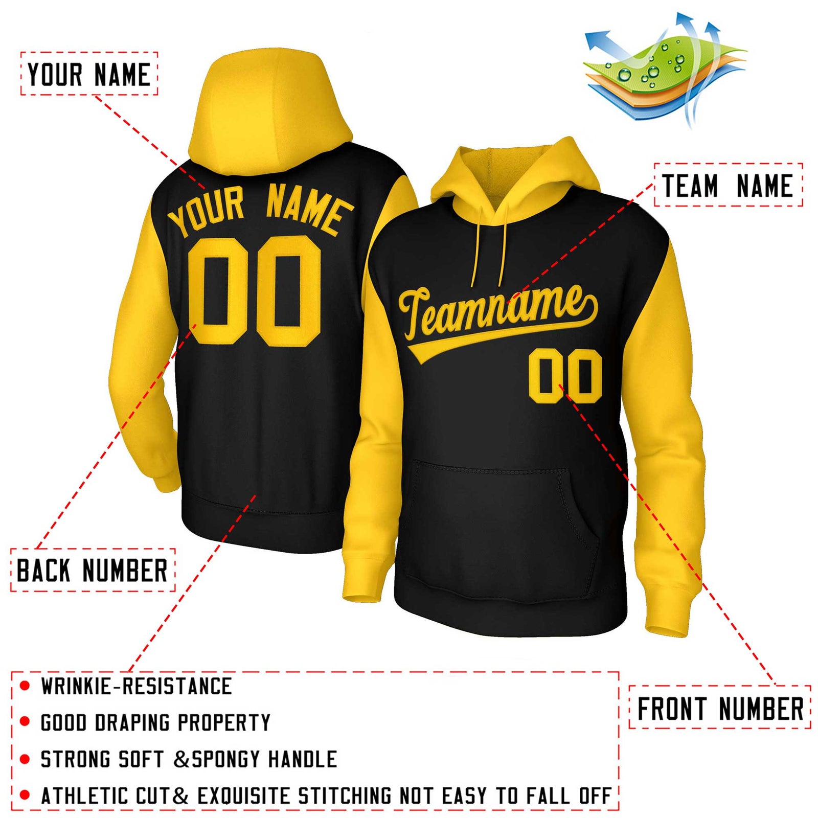 Custom Black Gold-Raglan Sleeves Stitched Sportwear Pullover Hoodie