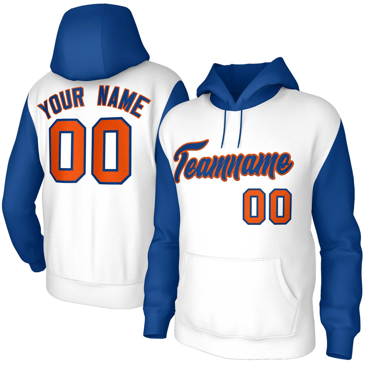 Custom White Royal-Orange Raglan Sleeves Stitched Sportwear Pullover Hoodie