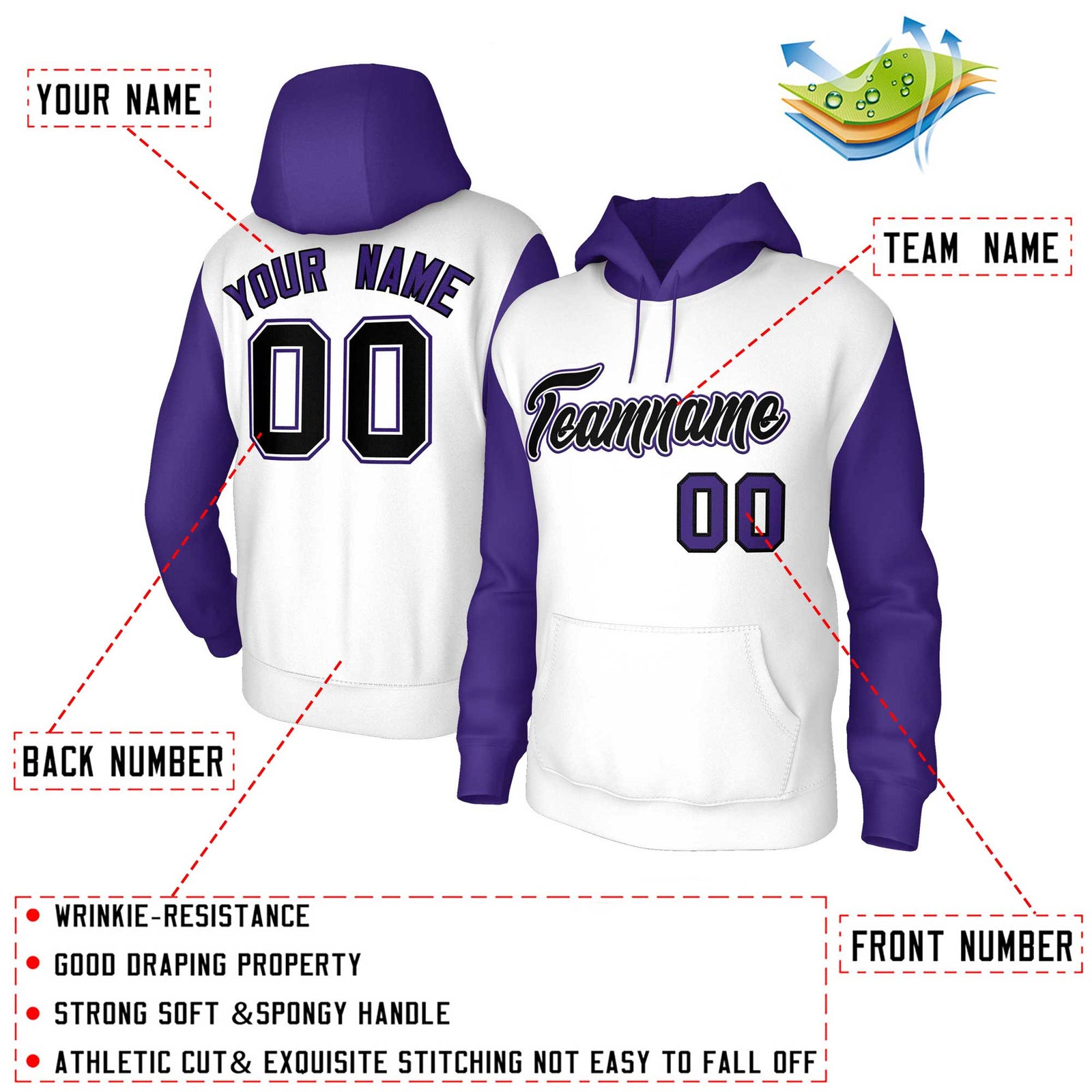 Custom White Black-White Raglan Sleeves Stitched Sportwear Pullover Hoodie