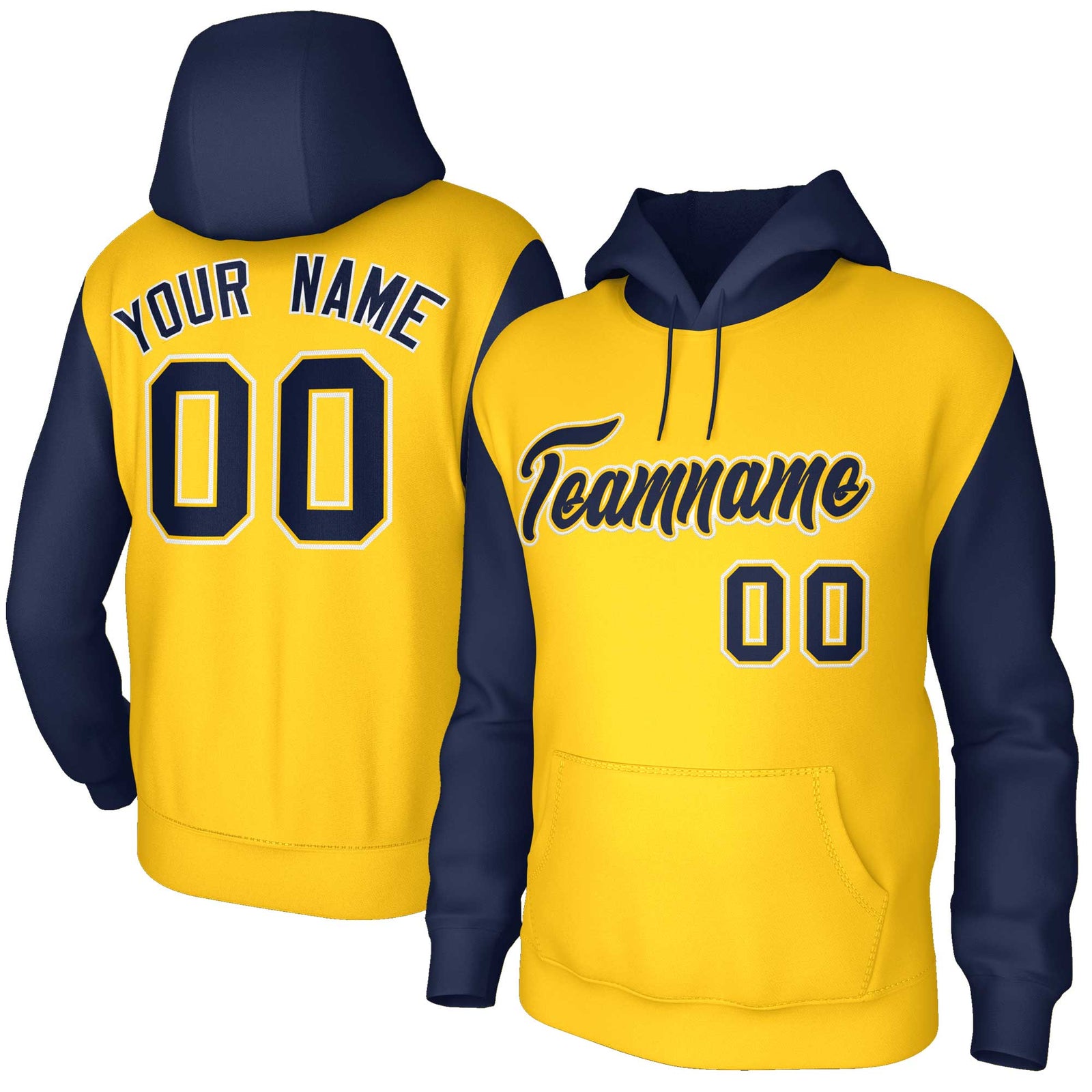 Custom Gold Navy-Gold Raglan Sleeves Stitched Sportwear Pullover Hoodie