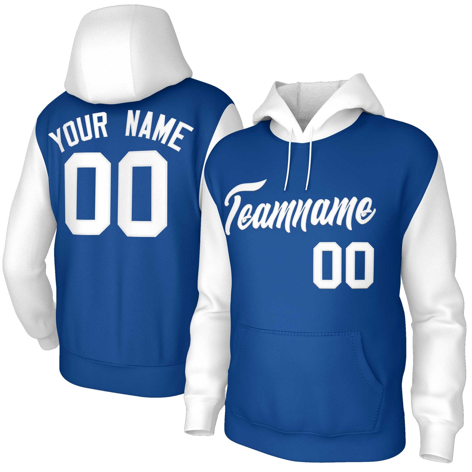 Custom Royal White-Raglan Sleeves Stitched Sportwear Pullover Hoodie