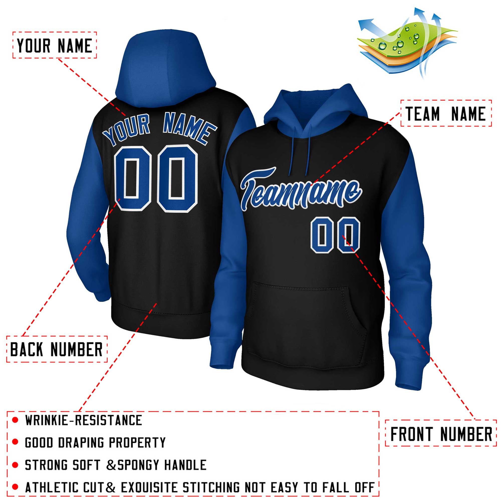 Custom Black Royal-White Raglan Sleeves Stitched Sportwear Pullover Hoodie