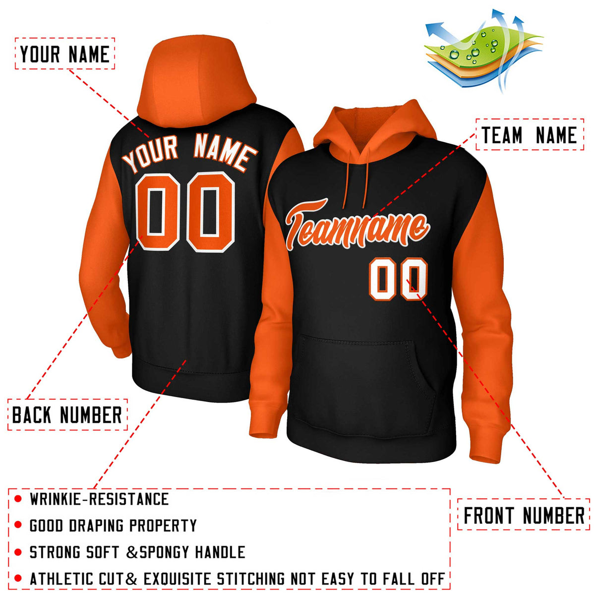 Custom Black Orange-White Raglan Sleeves Stitched Sportwear Pullover Hoodie