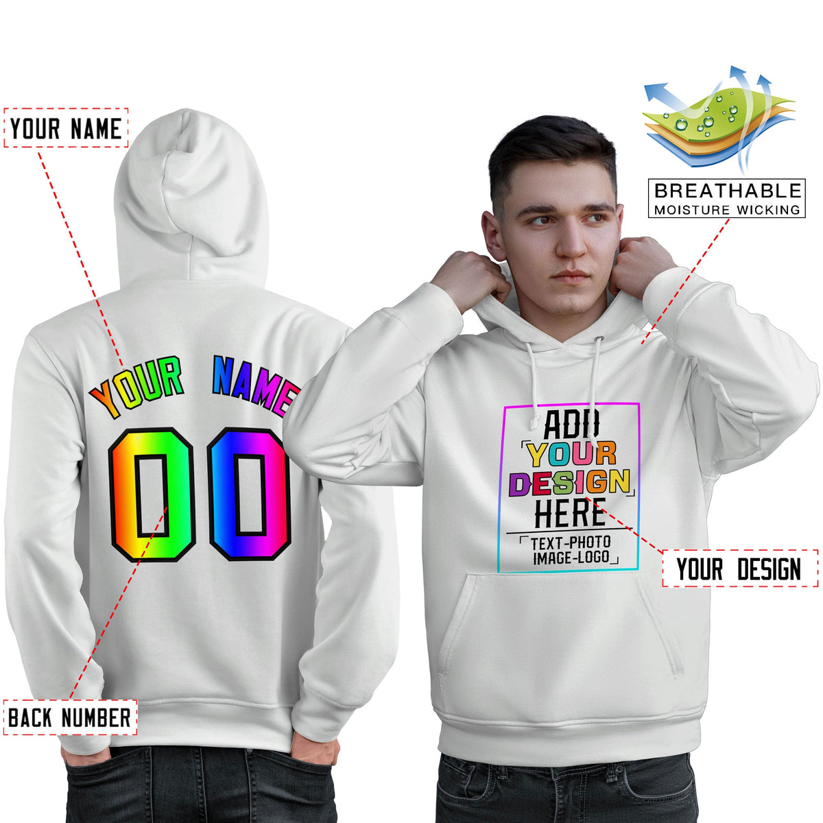 Custom White Personalized Rainbow Color Font Team Pullover Sweatshirt Hoodie