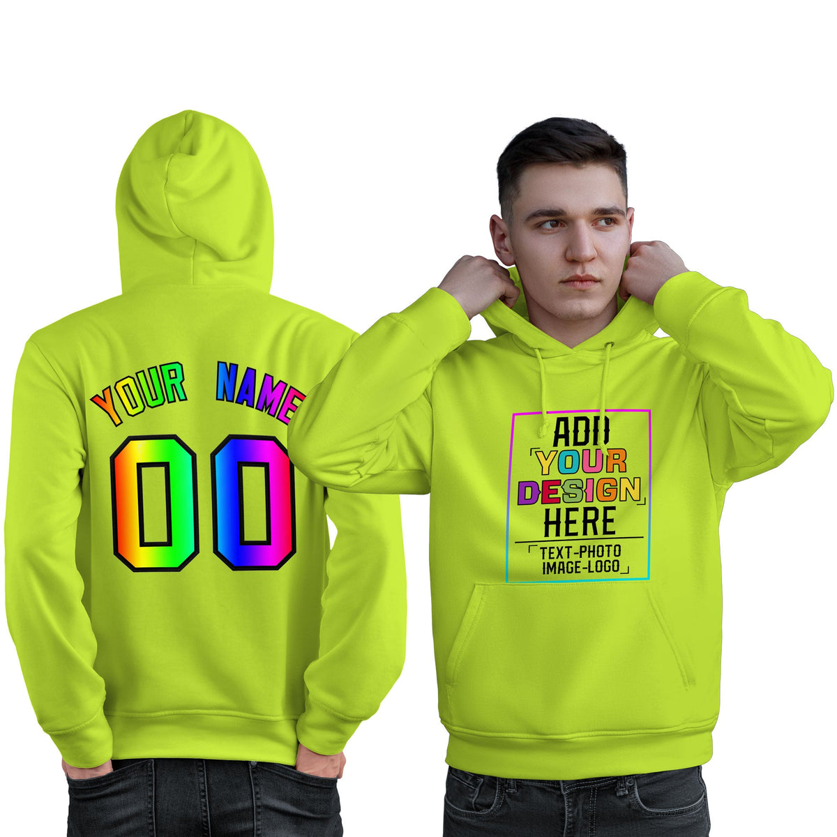 Custom Neon Green Personalized Rainbow Color Font Team Pullover Sweatshirt Hoodie