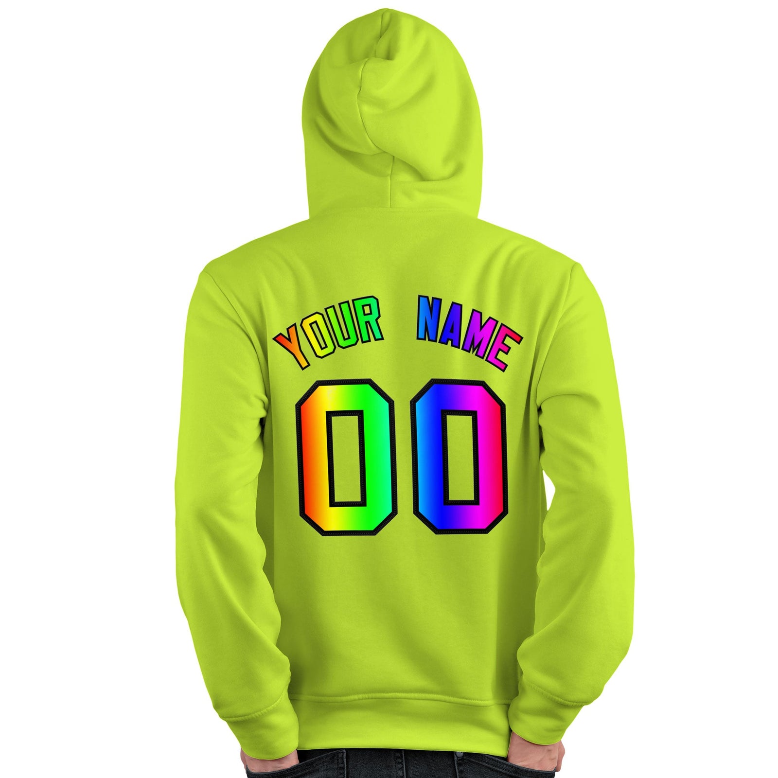 Custom Neon Green Personalized Rainbow Color Font Team Pullover Sweatshirt Hoodie