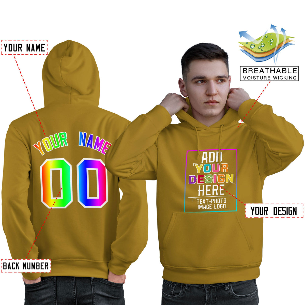 Custom Old Gold Personalized Rainbow Color Font Team Pullover Sweatshirt Hoodie