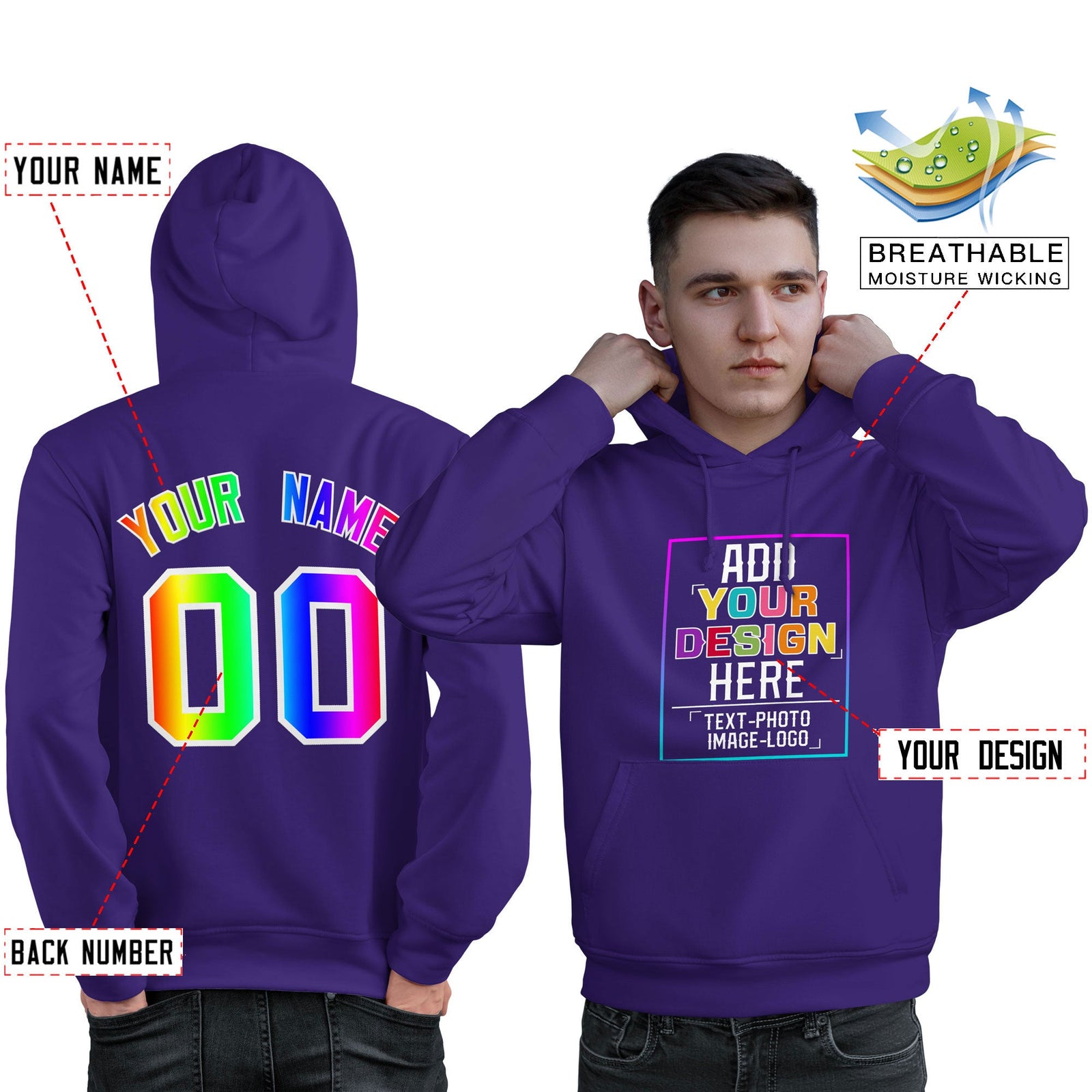 Custom Purple Personalized Rainbow Color Font Team Pullover Sweatshirt Hoodie