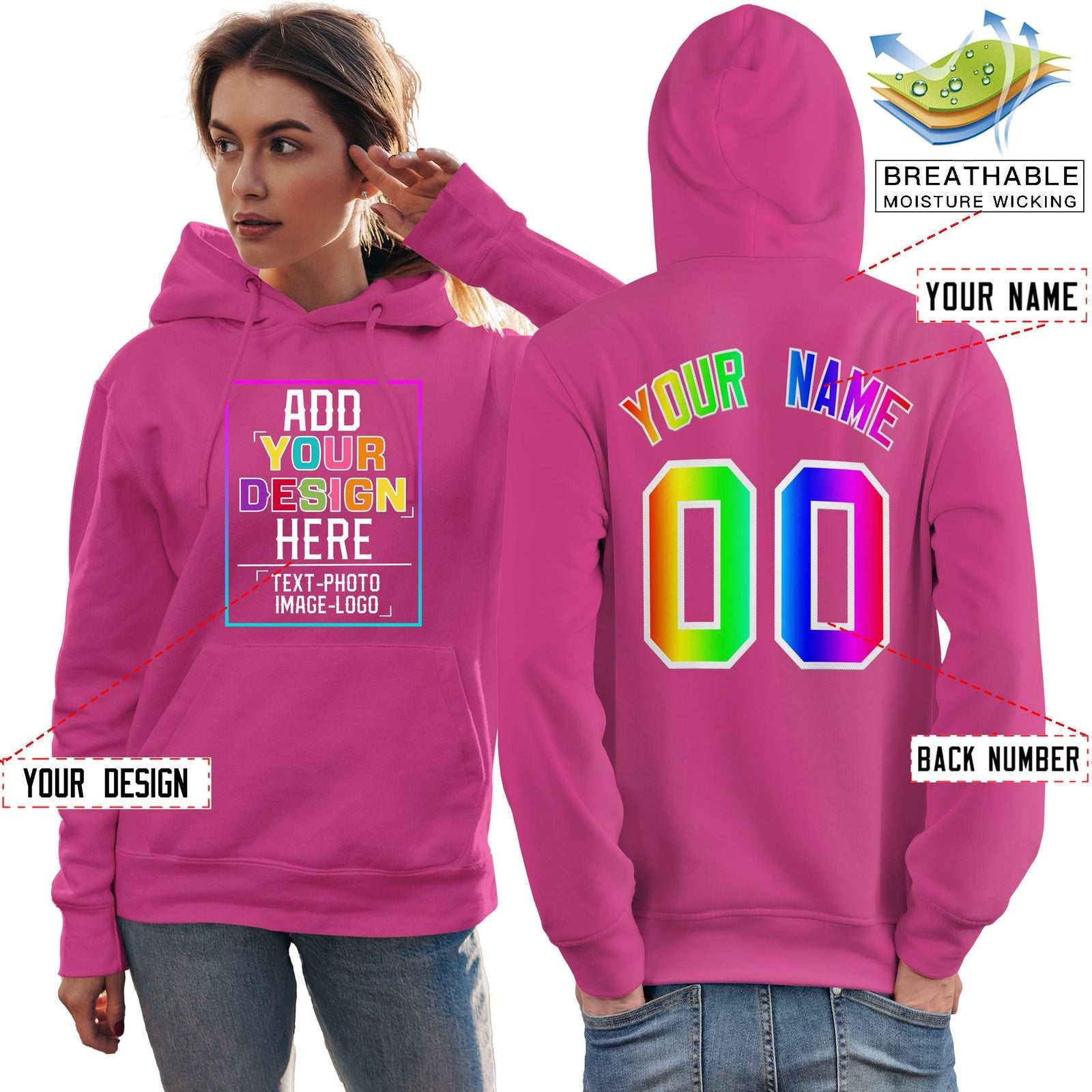 Custom Pink Personalized Rainbow Color Font Team Pullover Sweatshirt Hoodie