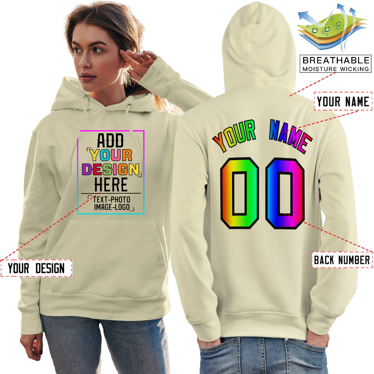 Custom Cream Personalized Rainbow Color Font Team Pullover Sweatshirt Hoodie