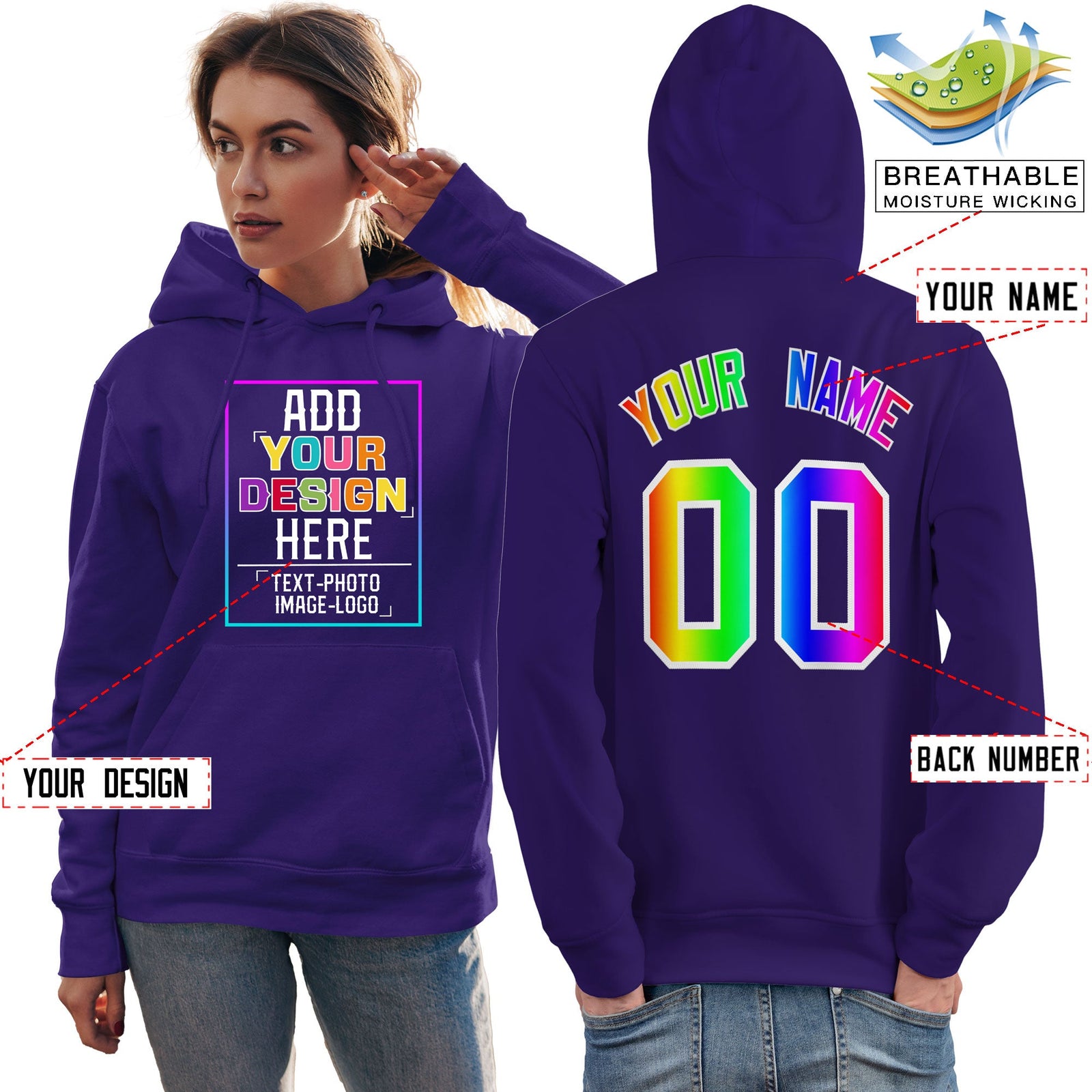 Custom Purple Personalized Rainbow Color Font Team Pullover Sweatshirt Hoodie