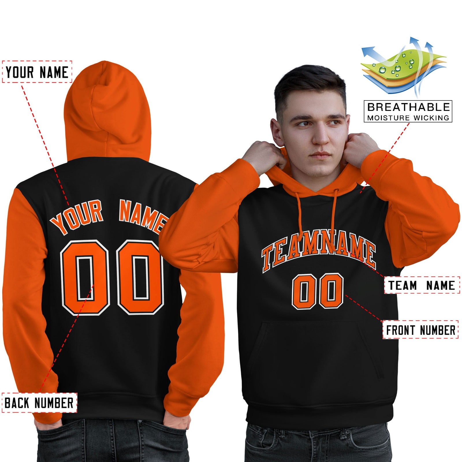 Custom Black Orange-White Raglan Sleeves Pullover Personalized Sweatshirt Hoodie
